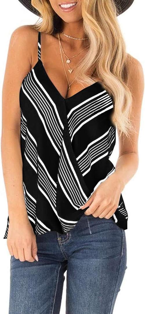 SAUKOLE Women's Adjustable Spaghetti Strap Shirts Blouses V Neck Floral Print Summer Sleeveless Casual Tank Tops (Large)