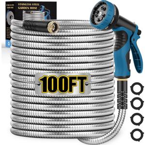 Metal Garden Hose 100FT, Stainless Steel Water Hose with 10 Function Nozzle, Solid Brass Fittings, Lightweight, Kink-Free & Dog Chew Proof for Lawn, Yard, RV, Car Wash, 550PSI