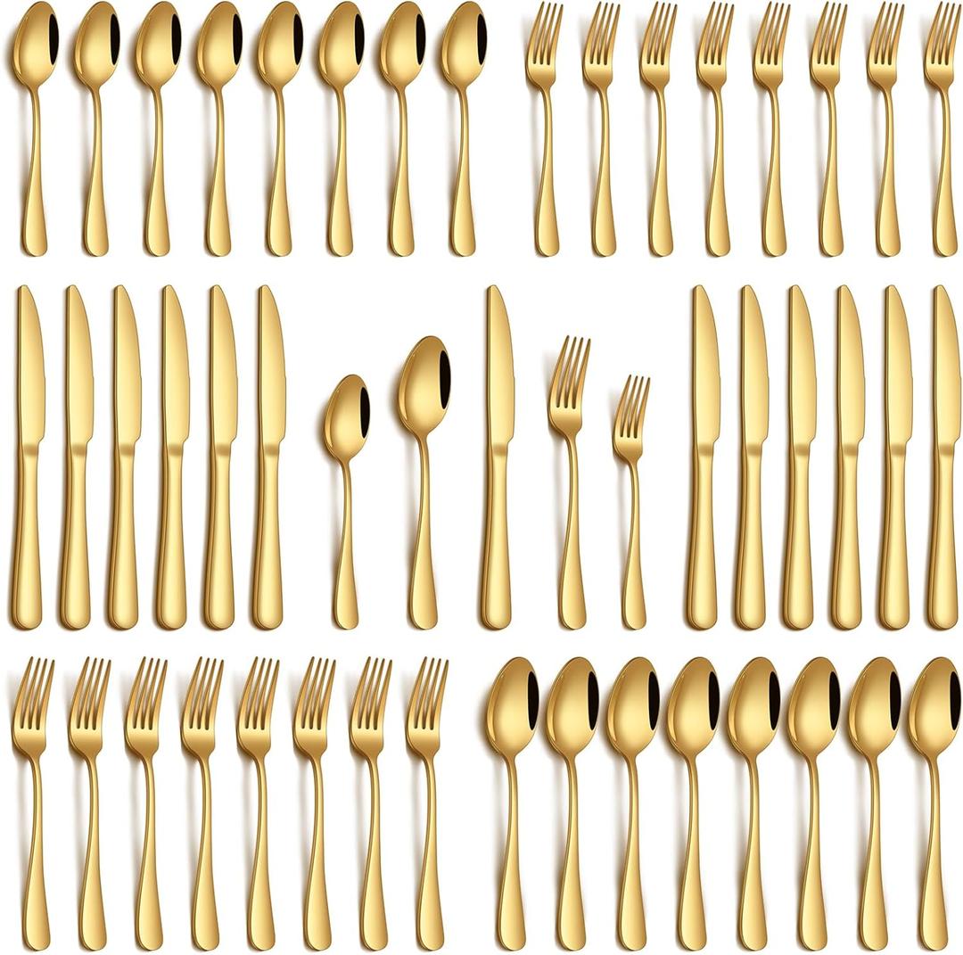 PHILIPALA 40 Piece Gold Silverware Set, Stainless Steel Flatware Set for 8 Food Grade Cutlery Utensil Set Include Knife Fork Spoon Mirror Polished Dishwasher Safe