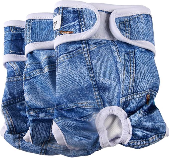 JoyDaog 3 Pack Small Dog Diapers for Female Reusable Premium Jean Puppy Wrap S