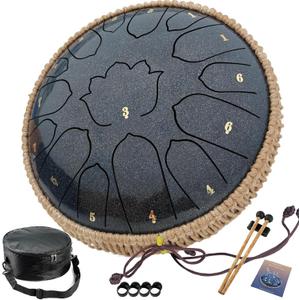 BETESINE 13-Inch 15-Note Steel Tongue Drum in C Major, Beginner-Friendly Meditation Drum with Mallets, Music Book, Finger Picks, Carry Bag & Note Stickers, Starry Black