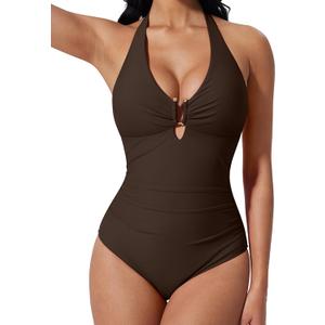 SUUKSESS Women Sexy Tummy Control One Piece Swimsuits Halter U-Wire Bathing Suit (Deep Brown, Medium)