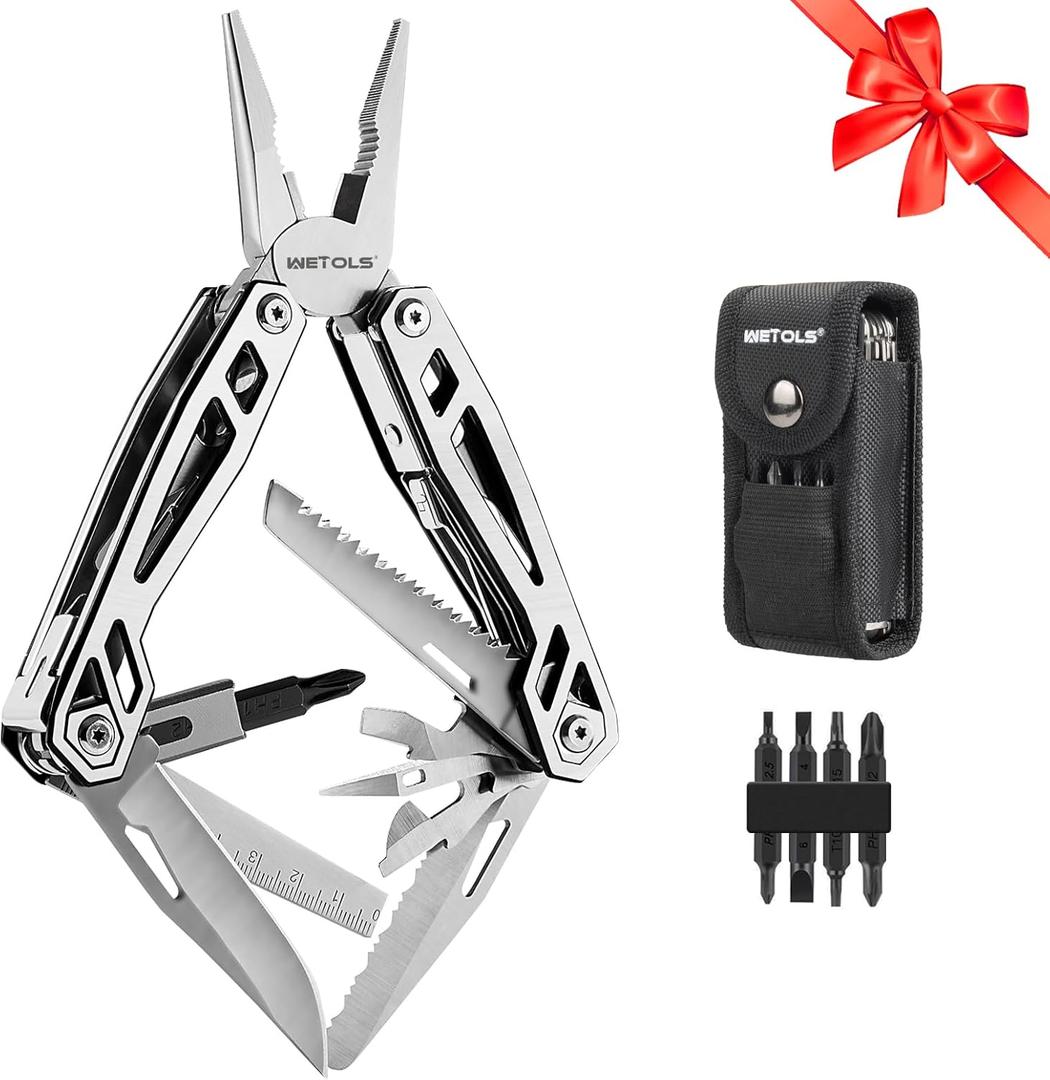 WETOLS Multitool with Pocket Knife, Birthday Gifts for Men Women Mom Dad, 21-in-1 Stainless Steel Pliers with Screwdrivers, Self-locking Multi tools with EDC Sheath, Ideal for Home, Camping, Survival (Silver)