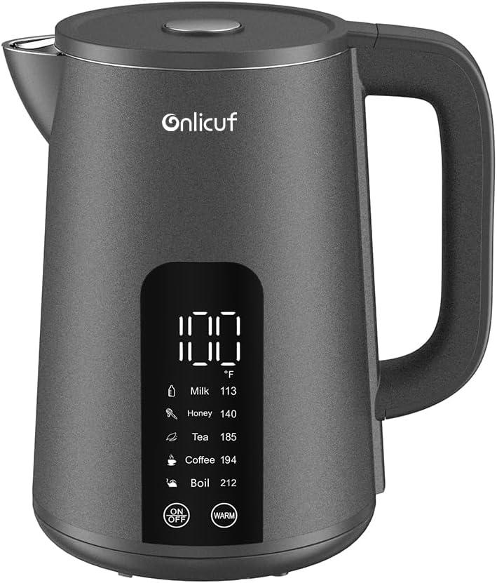 Electric Tea Kettle with Double Wall Cool Touch1.7L Water Boiler Heater with Temperature ControlStainless Steel Boiling Teapot, Digital Touch-Screen, Cordless, BPA-FreeMatte Silver Gray