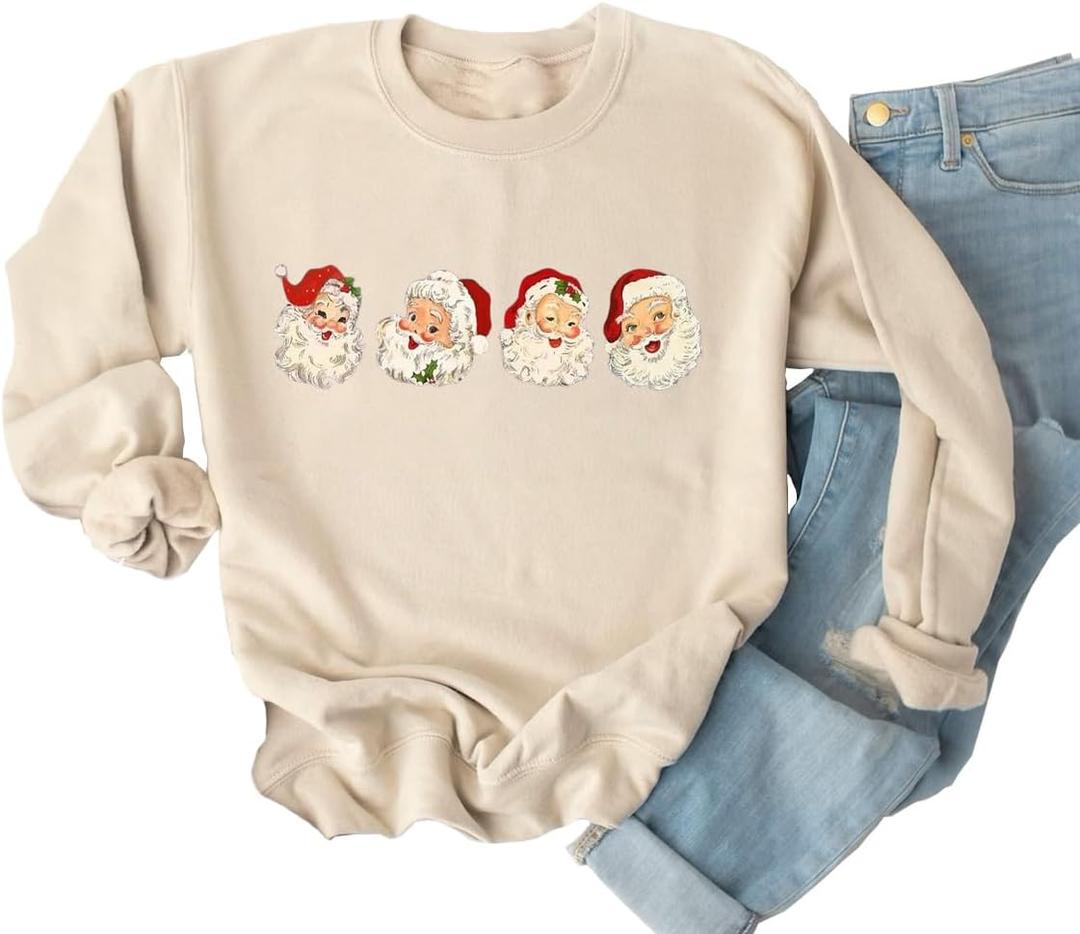 Yimoya Leopard Merry Christmas Tree Sweatshirt Womens Plaid Holiday Merry Blouse Xmas Tops (Small, Beige-Santa)