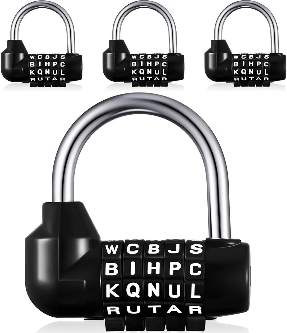 Shimeyao 4 Pcs Gym Locker Lock 5 Digit Combination Lock Your Own Word 5 Letter Lock for Gym Sports Locker, Safety Padlock for Sports Locker, Toolbox, Hasp Cabinet Storage, Black