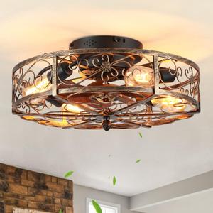 20'' Caged Ceiling Fan with Lights and Remote Control,Small Farmhouse Bladeless Low Profile Ceiling Fans Lights,Vintage Flush Mount Ceiling Light,Reversible Motor 6 Speeds for Bedroom,Living Room (Beige)