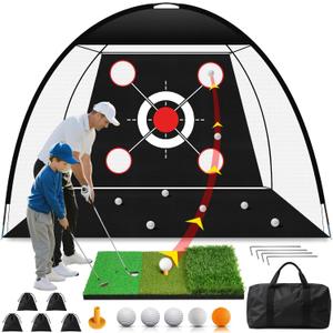 Golf Net 10x7FT with Tri-Turf Mat, Ball, Target & Bag, All-in-One Golf Practice Hitting Net for Backyard Driving, Chipping & Swing, Indoor Outdoor Training Aid, Gift for Men Dad Him Golfer