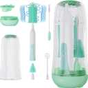 VSTM Electric Travel Baby Bottle Brush Set, Electric Bottle Cleaner, Silicone Water Bottle Brush, Nipple & Straw Brush, Milk Frother and Drying Drainage Rack (Green)