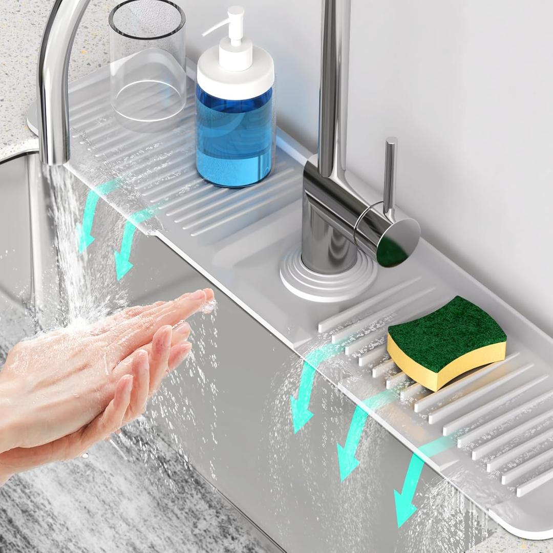 24 Inch Longer Faucet Mat for Kitchen Sink [5Slope Fast Self-draining]Bathroom Kitchen Sink Splash Guard Silicone Sink Faucet Mat Splash Guard Kitchen Sink Area Tidy Splash Faucet Guard Draining Mat
