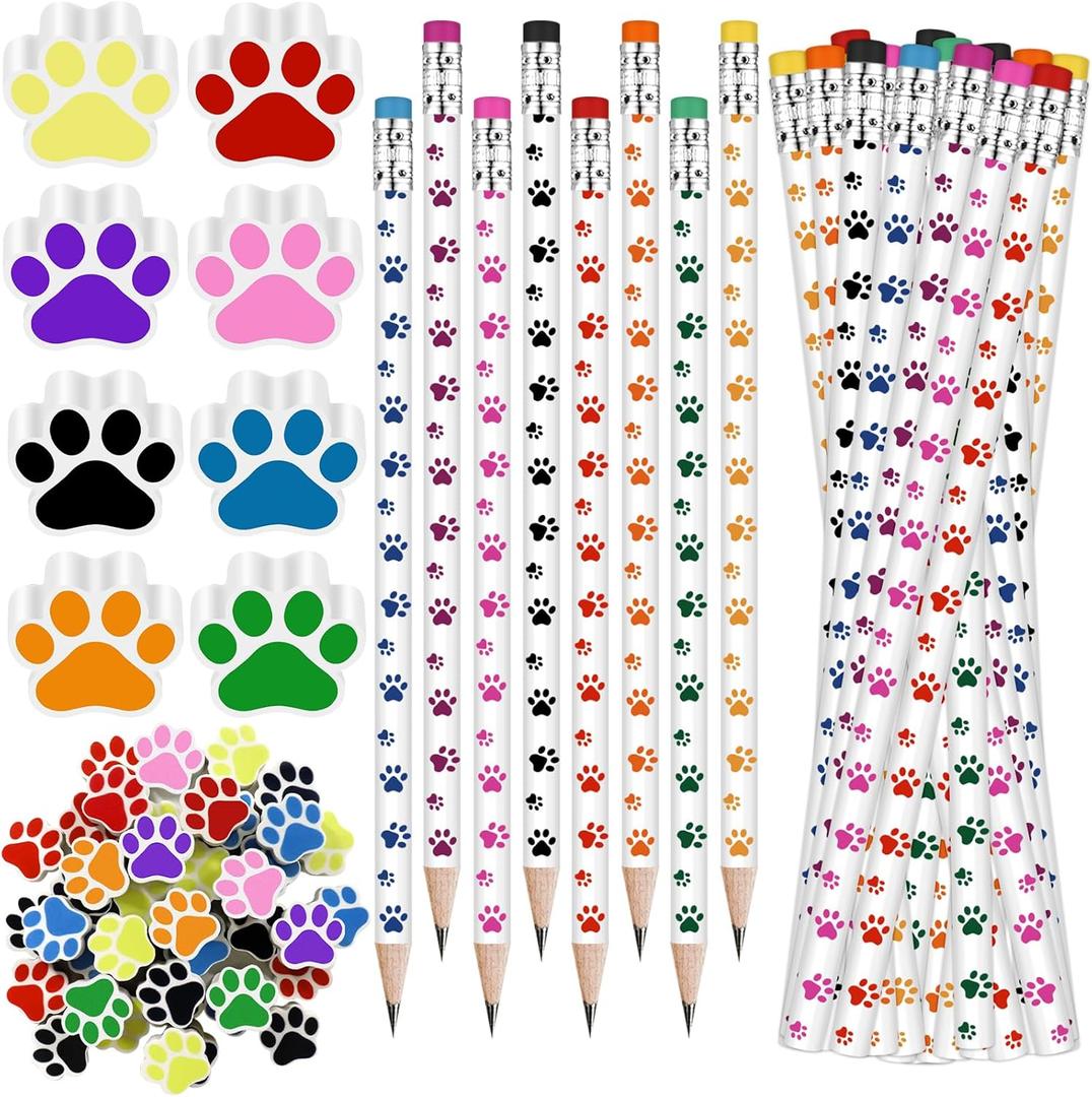 Weecent 48 Pcs Paw Print Pencil Eraser Sets Colorful Wooden Pencils with Paw Eraser for Kids Dog Themed Birthday Party Favors Welcome Back to School Favors Office Supplies