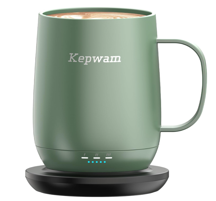 Kepwam Self Heating Coffee Mug T2, 16oz Smart Heated Coffee Mug, 150 Min Battery Life - Hot up to 149 Temperature Control Coffee Mug Warmer, Gifts for Dad Mom (No APP) (Sage Green)
