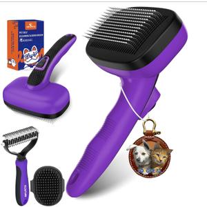 YOYUPETA Dog Brush Kit - Self-Cleaning Slicker Brush with Bath Brush & Undercoat Rake | Deshedding Tools for Large - Small Dogs & Cats, Professional 3-in-1 Pet Grooming Set for Heavy Shedding, Purple
