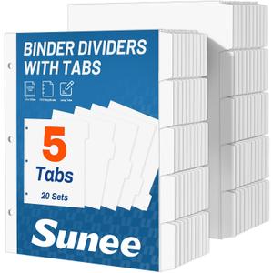 SUNEE Binder Dividers with Tabs for 3 Ring Binder, 8.5 x 11 Paper White Binder Dividers Blank with 5 Tabs, 20 Sets Page Dividers for School, Office and Home, 100 Dividers