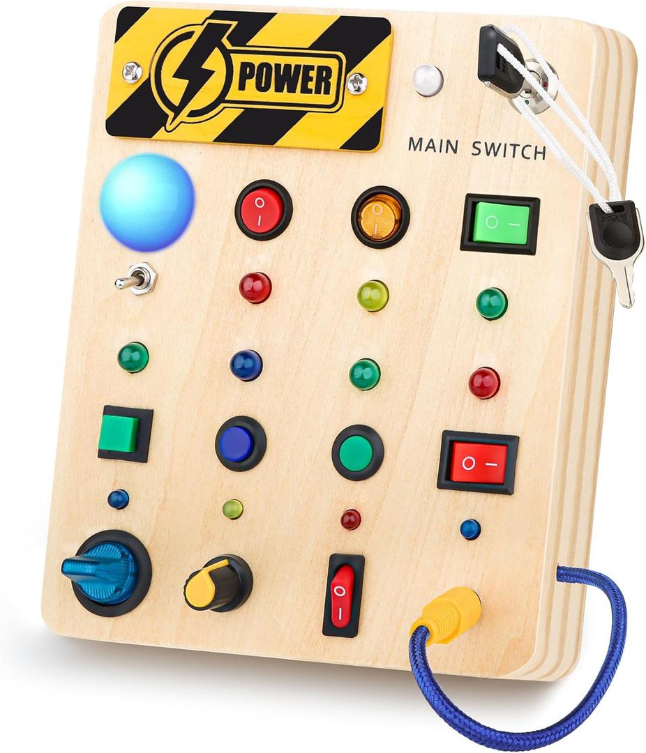 Hikoshi Toddler Busy Board 1 Year Old Montessori Switch Toy - Travel Sensory Wooden Baby Busy Board with Led Light Buttons, Busy Board for Toddler 2 3 4 5 Year Old