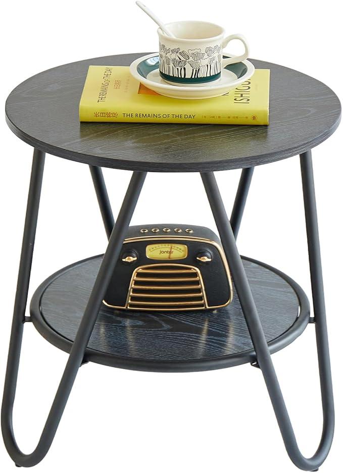2 Tier Round End Table, Black End Table with Metal Frame for Small Spaces, Accent Coffee Table, Sofa Table, Nightstand for Living Room, Bedroom 2 Tier Round End Table, Black End Table with Metal Frame for Small Spaces, Accent Coffee Table, Sofa Table, Nightstand for Living Room, Bedroom