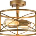 2-Light Semi Flush Mount Brushed Brass Ceiling Light Fixture, Farmhouse Industrial Metal Cage with Adjustable Height, Dimmable for Hallway Entryway Kitchen Bedroom Foyer Laundry Low Ceiling, Brushed Gold Semi Flush Ceiling Light