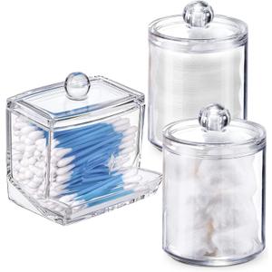 Swab Holder Canisters with Lid, Bathroom Qtip Dispenser Apothecary Jars, Clear Plastic Cotton Ball Pad Container for Cotton Swabs, Q-Tips, Make Up Pads, Cosmetics (2S1YX)