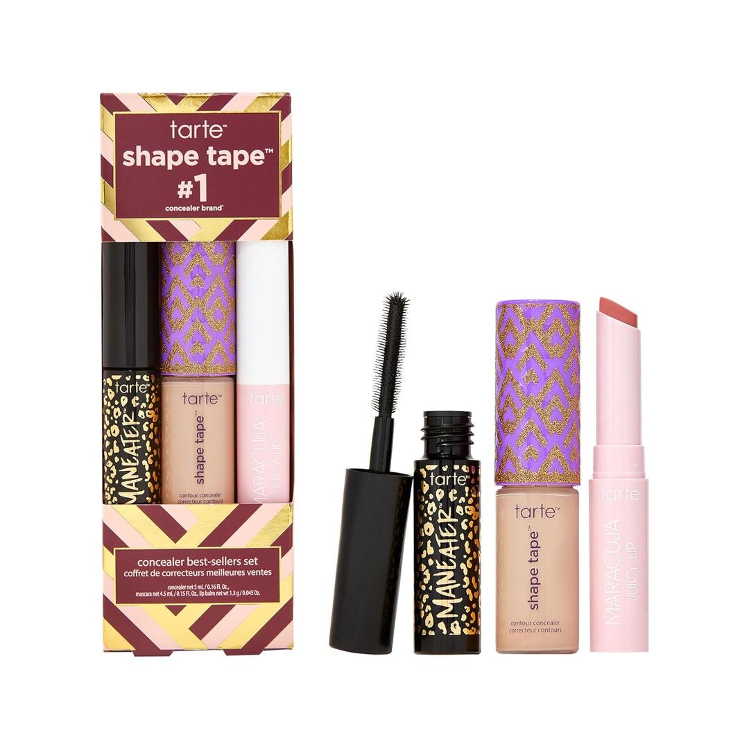 tarte shape tape best-sellers set  Shape Tape Concealer, Hydrating Lip Gloss Balm & Mascara for Curl, Volume & Length, Longwear, Cruelty Free (29N light-medium & rose)