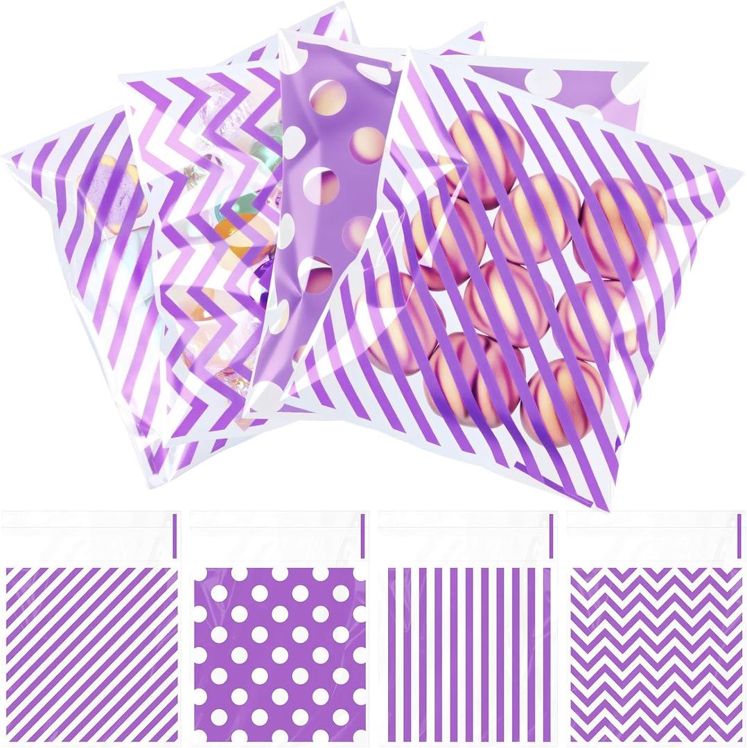 Gersoniel 200 Pcs Cookie Bags, 4 x 4 in Self Sealing Cellophane Treat Bags Plastic Goodie Snack Bag Striped Polka Dot Candy Gift Bag for Spring Mothers Day Wedding Birthday(Purple)