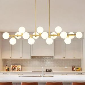 EGM 55" L Gold Linear Chandelier, 16-Light Bubble Chandeliers for Dining Room Foyer, Modern Sputnik Light Fixture with Milk White Glass Lampshades, Extra Large Kitchen Island Chandeliers Over Table