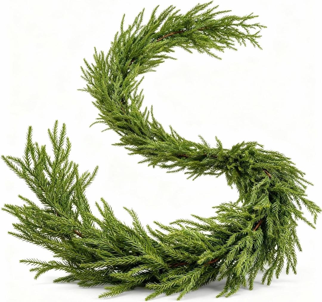 2PCS 6FT Christmas Norfolk Garland Decorations, Faux Pine Garland Outdoor, Artificial Unlit Green Garlands, Christmas Mantel Decoration Indoor, Thick Greenery Xmas Decor in The Winter