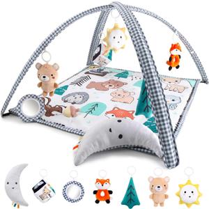 The Peanutshell Unisex Baby Play Gym & 7-in-1 Play Mat - Playmat Baby Toys 0-6, 6-12 Months Tummy Time Mat with Hanging Toys, Soft Padded for Newborns, Infants - Woodland