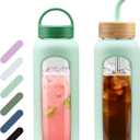 WINSA 32 oz Glass Water Bottle, 1 Liter Glass Tumbler with Straw, Reusable Drinking Bottles with 2 Lids-Handle Lid&Bamboo Straw Lid, Silicone Sleeve, for Sports, Home,1 Pack-Mustard