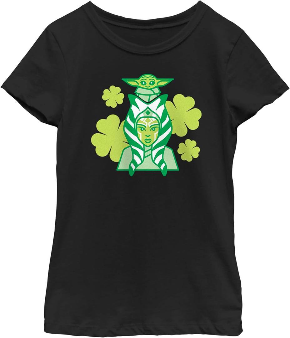 The Mandalorian Girl's Star Wars St. Patrick's Day Ahsoka Tano and Grogu T-Shirt (Large, Black)