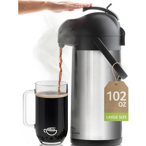 Cresimo Coffee Carafe with Pump - 102oz / 3L Airpot 12 Hours Large Hot Water Carafe, Cocoa Dispenser for Parties - Tea Flask, Insulated Stainless Steel Airpots for Hot Beverage Dispenser -Coffee Pump (Silver)