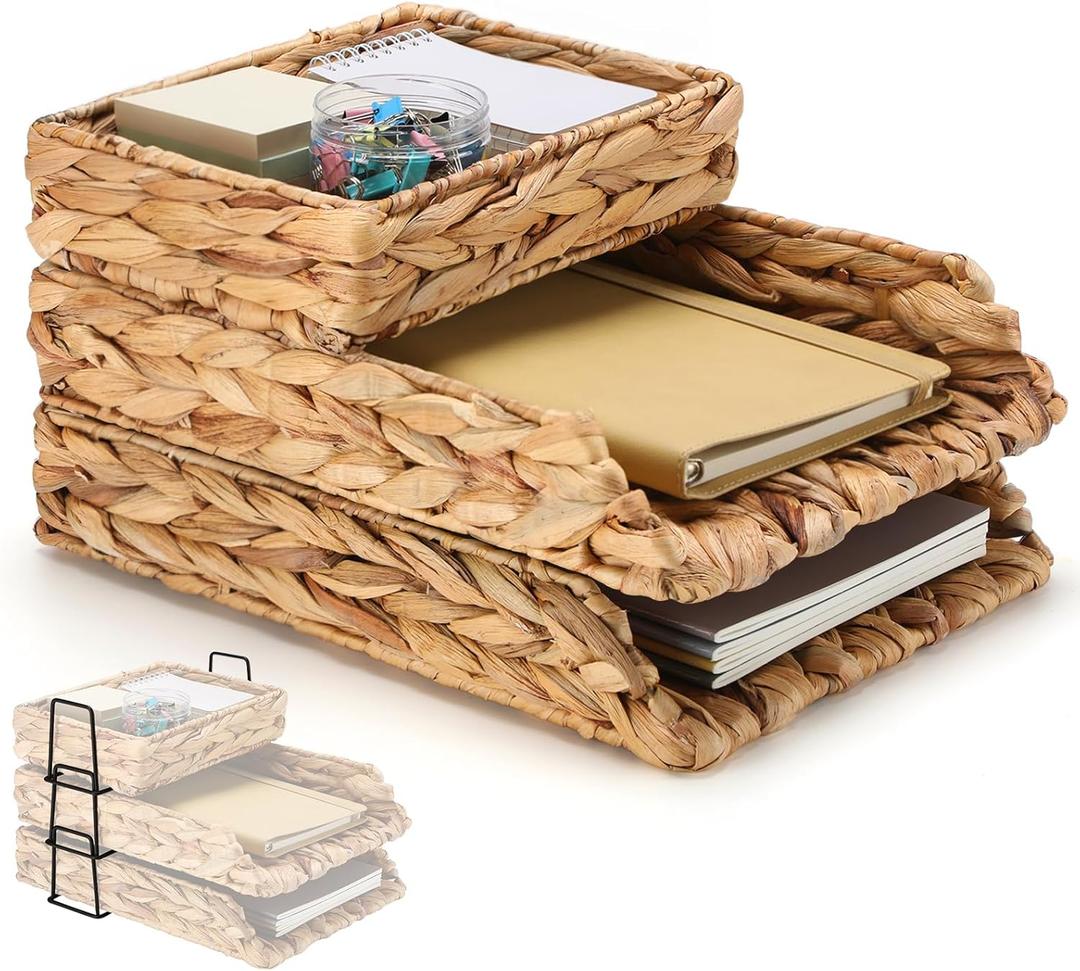 Geelin 3 Pack Water Hyacinth Woven Stackable Desk Organizer Letter Tray, Primary Color Tabletop Desk Basket for Storage Paper Letter Folders Notebooks Copy Print, Workspace Holder