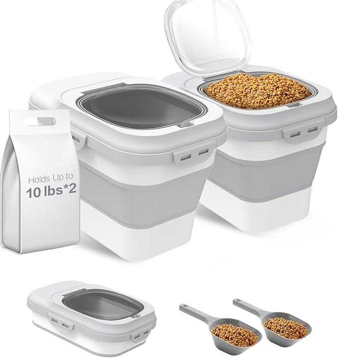 ANVS 2 Pack Dog Food Storage Container - Collapsible Dog Food Container with Airtight Lids, Scoop and 2.5L Small Pet Food Storage Container Dry Food For Dog, Cat and Other Pet Food (Grey, 30lbs)