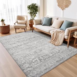 6x9 Area Rugs for Living Room, Stain Resistant Washable Rugs for Dining Room, Floral Vintage Non-Slip Gray Thin Area Rug(Grey, 6'x9')