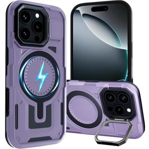 for iPhone 16 Pro Case Compatible with MagSafe, Built-in Camera Ring Stand, 23 FT Military-Grade Drop Protection Magnetic Cover for iPhone 16 Pro 6.3'', Purple