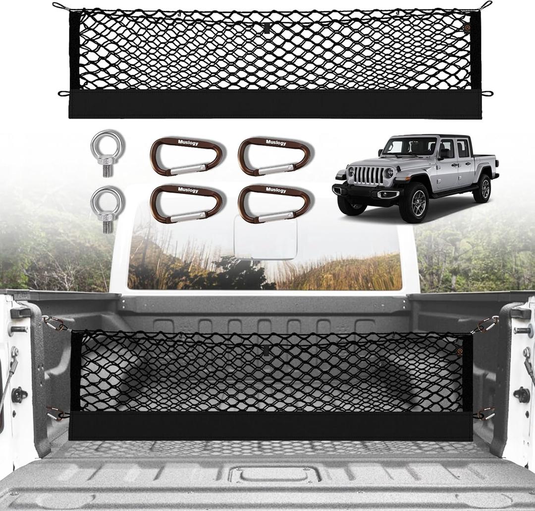 Muslogy Truck Bed Cargo Net Trunk Netting Compatible with Jeep Gladiator 2020-2025 2026 JT Accessories, Pickup Cargo Organizer SUV Sedan Storage Net w/Heavy Duty Carabiners