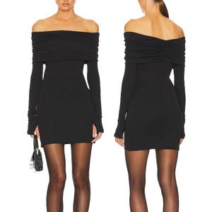 JLCNCUE Women's Off The Shoulder Long Sleeves Bodycon Mini Dress Elegant Ribbed Knit Club Party Short Fitted Dresses 347 (Medium, Black)