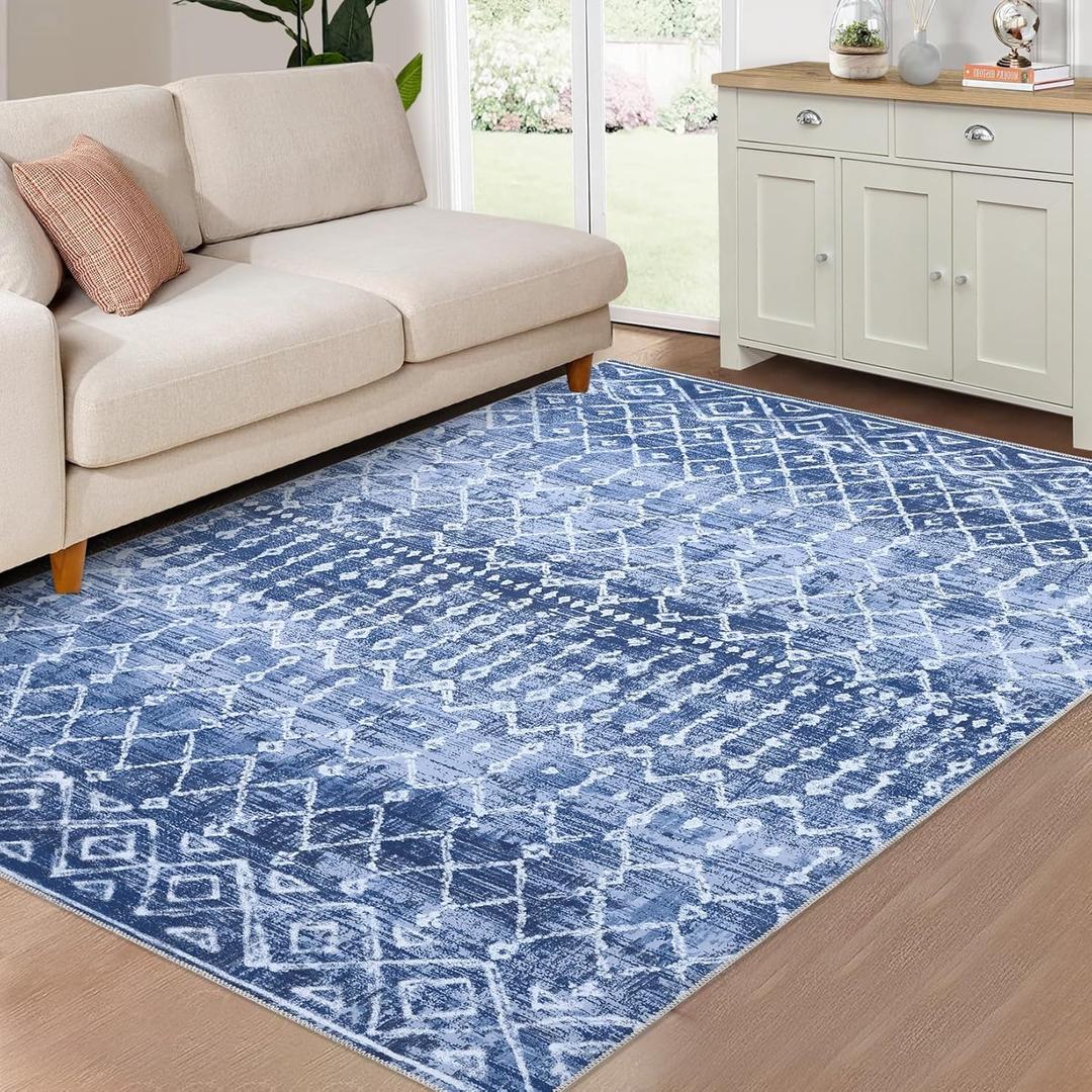 8ftx10ft Area Rug Machine Washable Modern Boho Distressed Area Rug Indoor Geometric Moroccan Stain Resistant Non-Slip Floor Cover Carpet Rug Accent Rug for Living Room Bedroom Decor, Navy