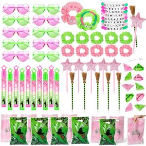 70Pcs Pink and Green Birthday Theme Party Favors, 10 Pack Glasses Star Broom Pens Bracelets Hair Bands Gift Goodie Bags Bubbles for Decor Decorations Supplies