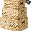 14in Wicker Storage Baskets with Lids, Set of 3 Natural Water Hyacinth Decorative Boxes for Shelf, Woven Lidded Baskets for Organizing, Rattan Storage Box, Nesting Baskets with Lids