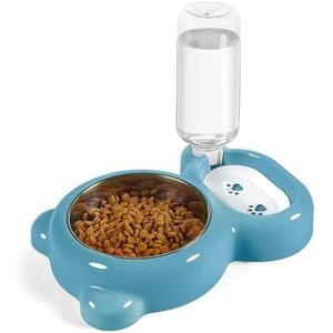 Dog Bowls, Cat Food and Water Bowl Set with Water Dispenser and Stainless Steel Bowl for Cats and Small Dogs - Blue