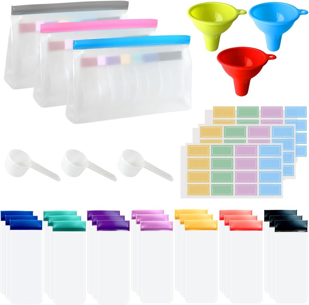 Protein Powder Travel Container Set, Reusable Powder Dispenser Supplement Containers with Funnel, Spoon & Notes, 21PCS Single Dose Bags and 3PCS Large Standable Zip Bags for Workout Fitness Travel