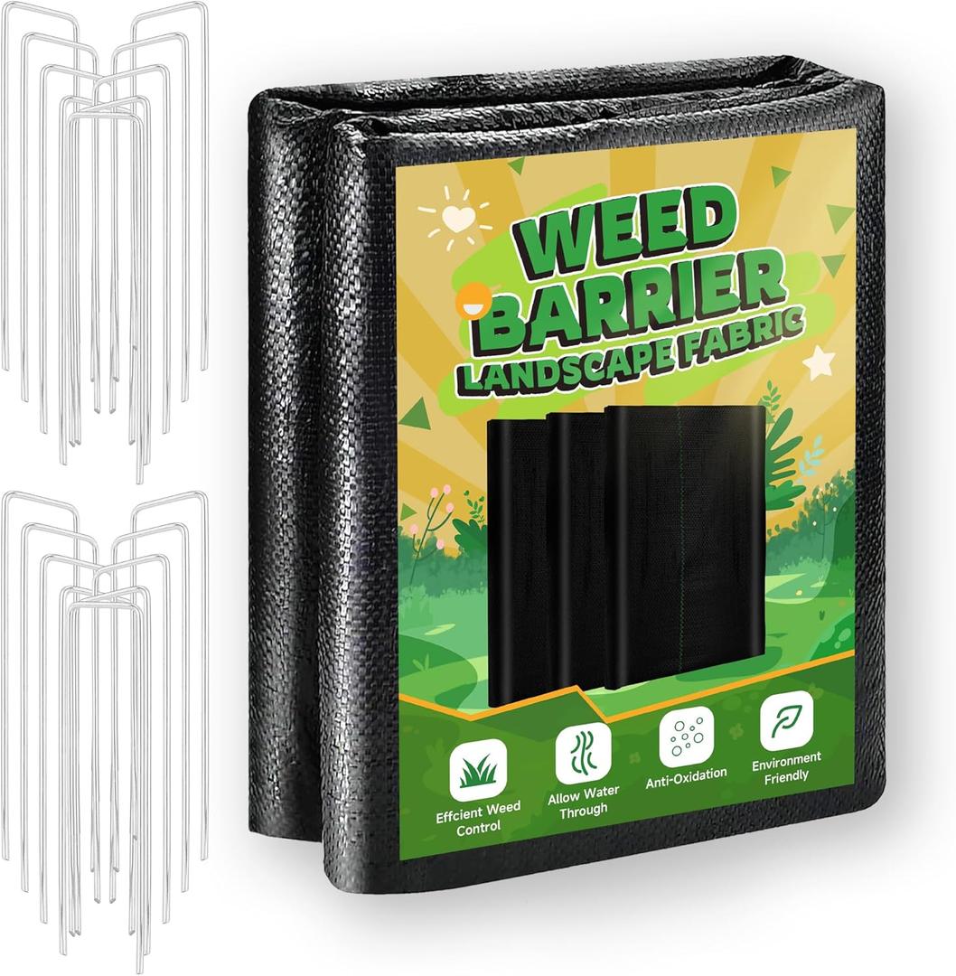 1.3FT x 50FT Weed Barrier Landscape Fabric Heavy Duty, 3.2oz Premium Gardening Weed Control Mat with 10 U-Shaped Securing Pegs, Ground Cover for Garden Beds, Farming, Underlayment, Commercial Driveway