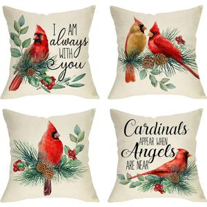I Am Always with You Cardinal Red Birds Decorative Throw Pillow Cover Set of 4, Pine Cones Berry Cushion Case Decor, Winter Holiday Memorial Pillowcase Christmas Decorations for Sofa Couch 18x18 (18" x 18" (Pack of 4))