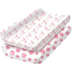2 Pack Baby Changing Pad Covers, Changing Table Cover for Girls, Pink Bow Changing Pad Covers 32'' x 16'' Safe Snug Fitted Diaper Table Sheet Fits Standard Changing Tables and Dressers(Bassinet)