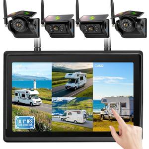 4 Magnetic Solar Wireless Backup Camera System, 10.1" IPS DVR Touchscreen, 2 Rearview + 2 Sideview Night Vision Cameras for Hitching Trailer Camper, 4x9600mAh Rechargeable Solar Battery, AT4