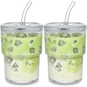 13oz Glass Tumbler with Straw and Lid, Leak Proof Iced Coffee Cup, Thick Wall BPA Free Drinking Glass Water Cups for Iced Coffee, Matcha, Smoothie and Travel-(Clear-2pack)