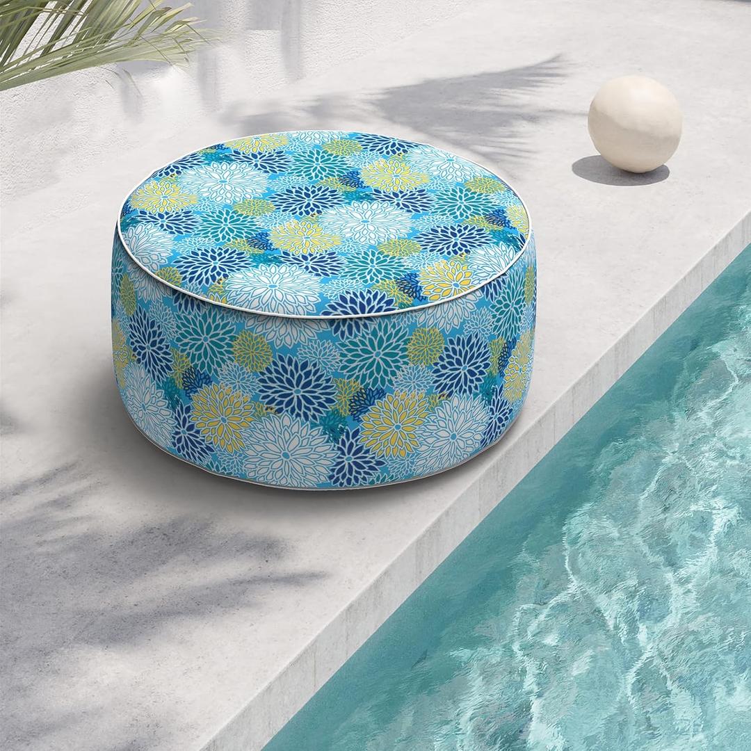 Indoor/Outdoor Inflatable Ottoman D31 x H14 inch, All Weather Ottoman Pouf, Portable Footstool Round Foot Rest Ottomans for Patio, Garden, Porch, Home, Dahlia Blue