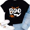 Women Halloween Shirts Spooky Boo Pumpkin Face T-Shirt Trick or Treat Party Short Sleeve (Black, XL)