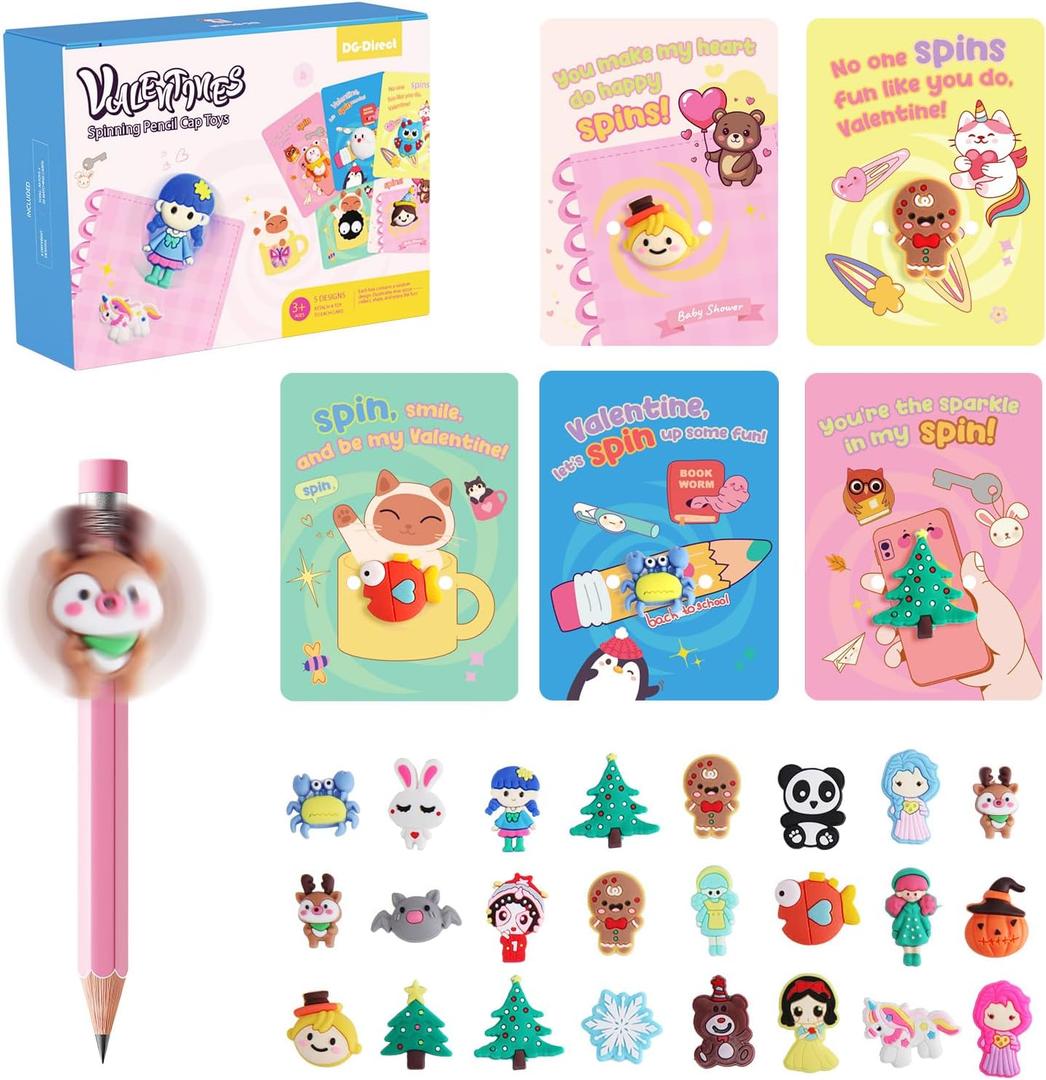 DG-Direct 30 Pack Valentines Day Gifts for Kids, Valentines Day Cards with Mini Spinning Pencil Top Toys, Valentine School Classroom Exchange Prizes, Valentine Party Favor Toy Set