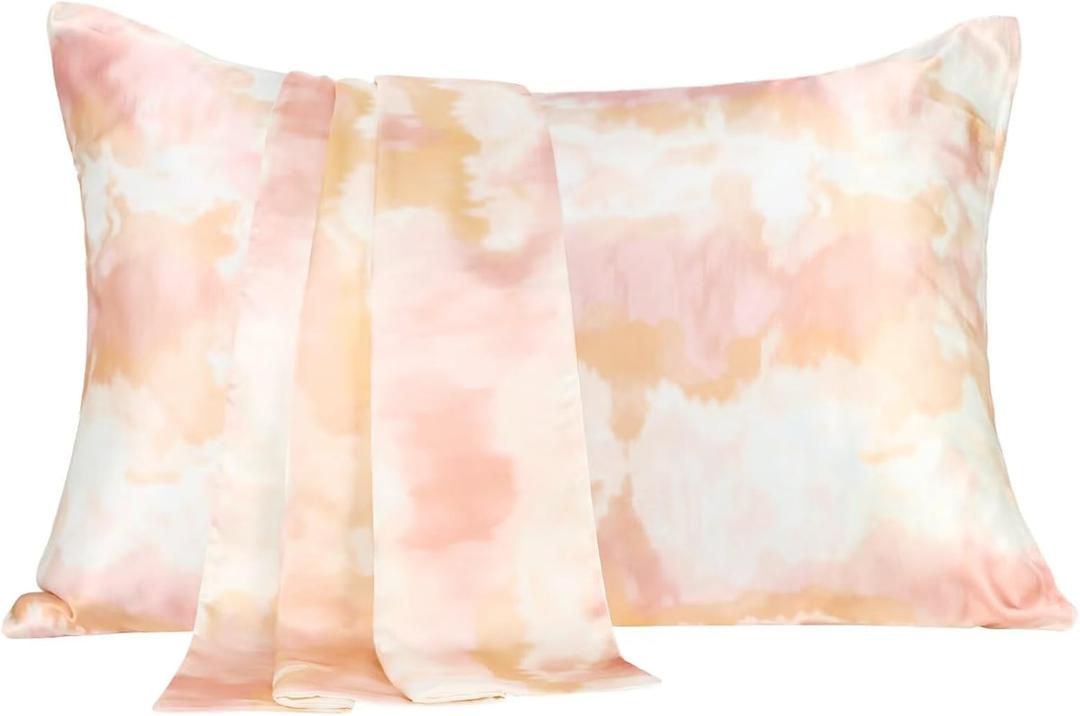MANSPHIL Boho Tie Dyed Silk Pillow Cases Queen Size, Orange Pink Printed 22 Momme Mulberry Silk Top with Satin Underside Pillowcase for Hair and Skin, Envelope Closure, 1PC